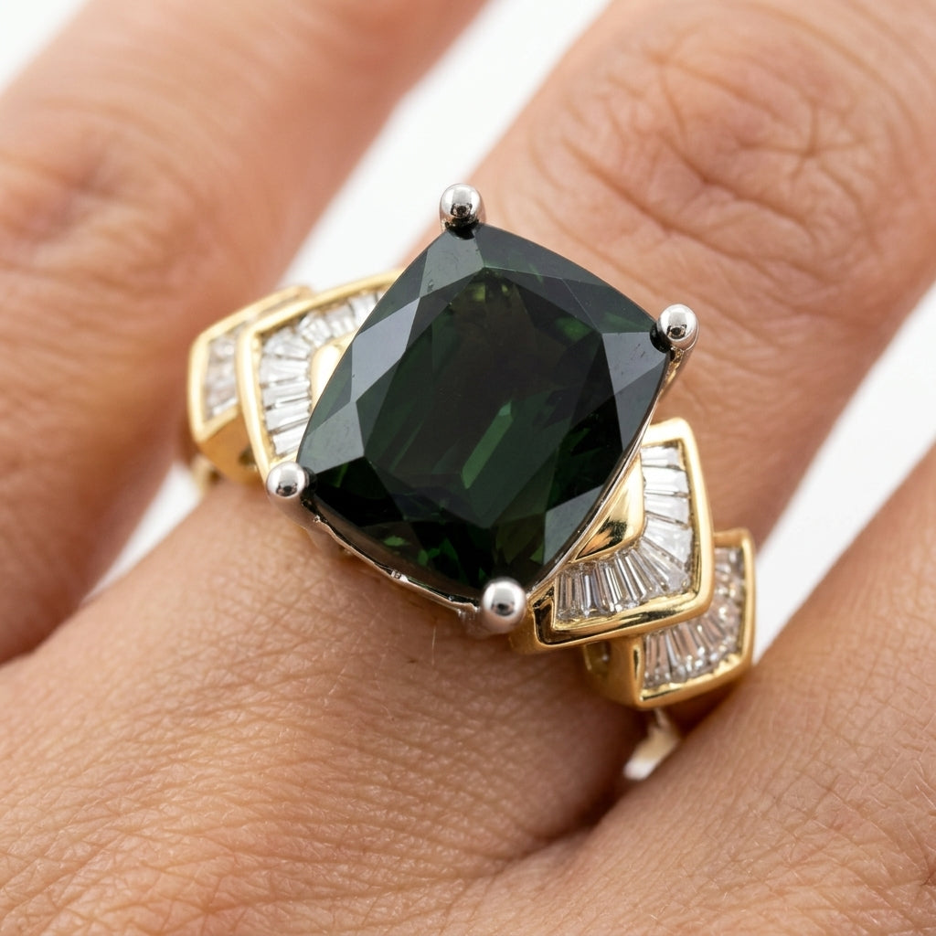 Rectangular Green Tourmaline & 32-Diamond Ring