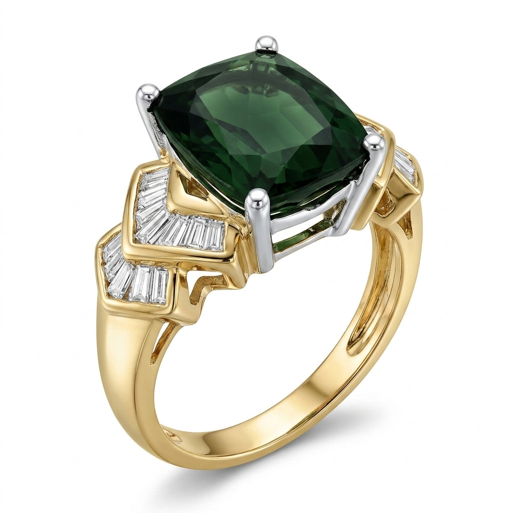 Rectangular Green Tourmaline & 32-Diamond Ring