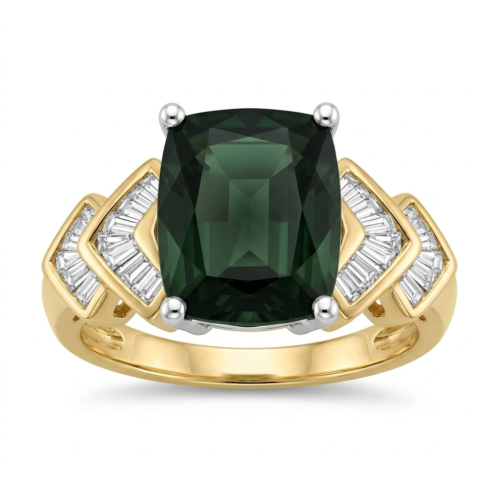 Rectangular Green Tourmaline & 32-Diamond Ring