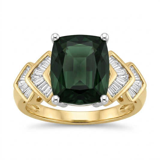 Rectangular Green Tourmaline & 32-Diamond Ring