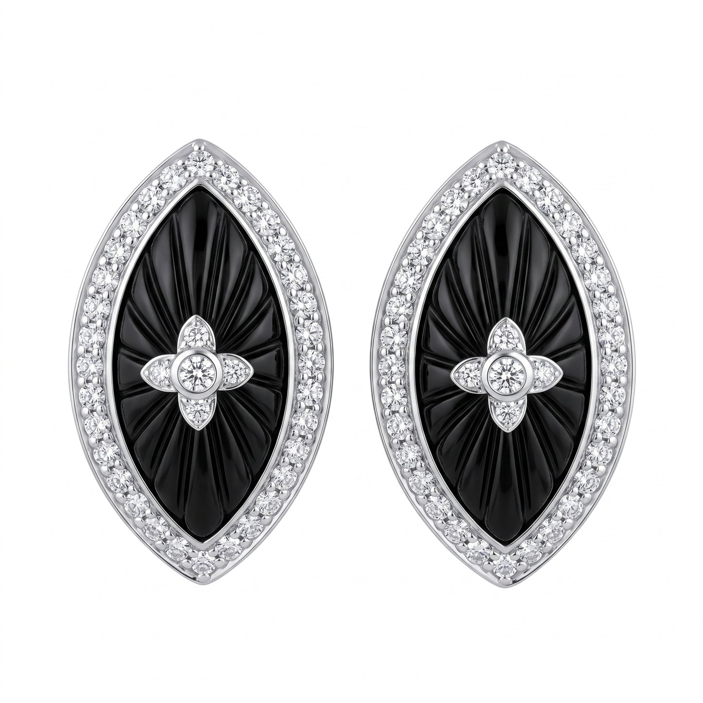 18k white gold 9x18mm carved marquise onyx and forty round diamond post and clip earrings, white background