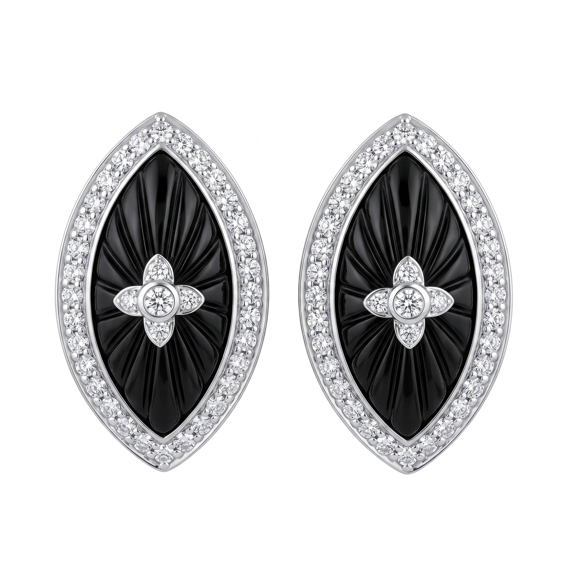 18k white gold 9x18mm carved marquise onyx and forty round diamond post and clip earrings, white background