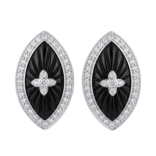 18k white gold 9x18mm carved marquise onyx and forty round diamond post and clip earrings, white background