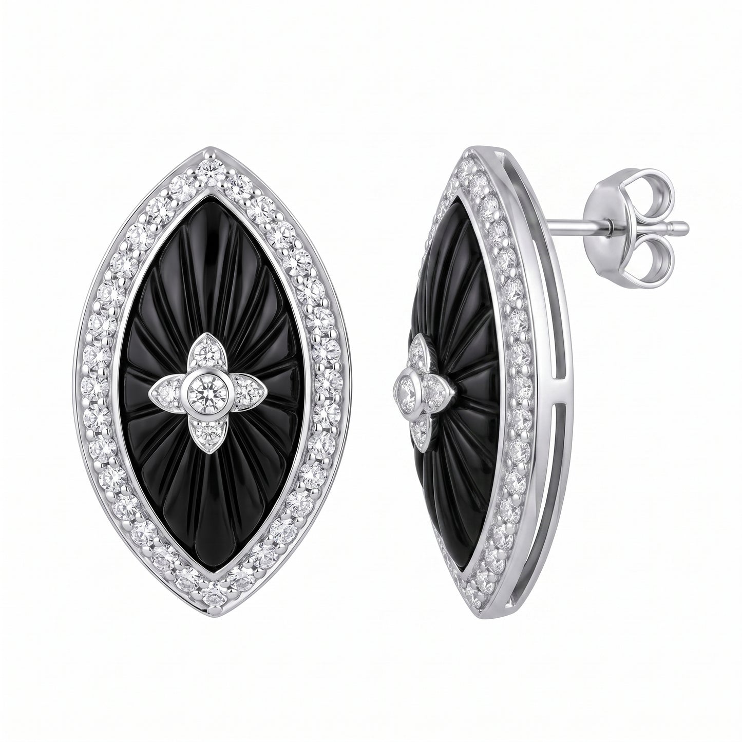 18k white gold 9x18mm carved marquise onyx and forty round diamond post and clip earrings, angled view, white background