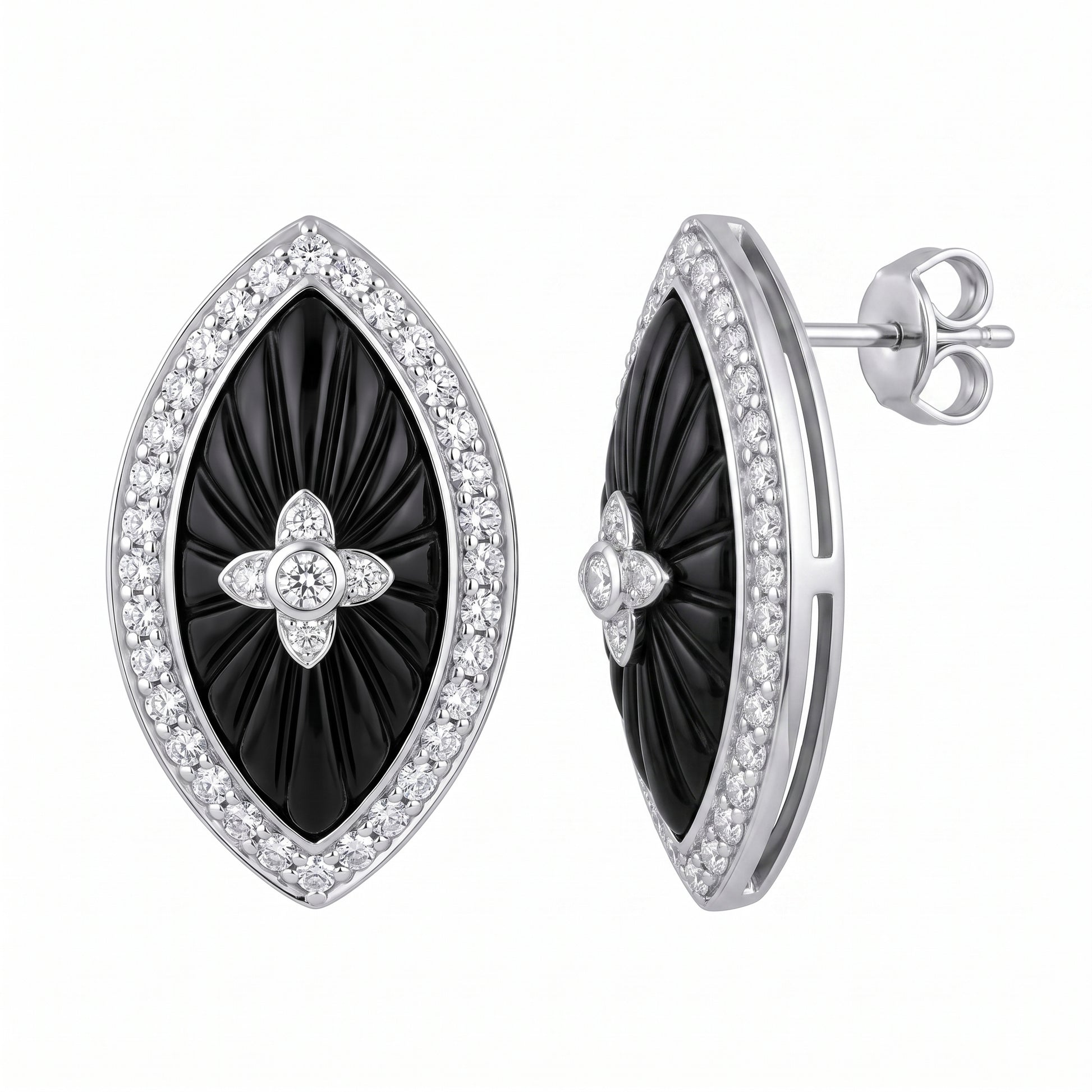 18k white gold 9x18mm carved marquise onyx and forty round diamond post and clip earrings, angled view, white background