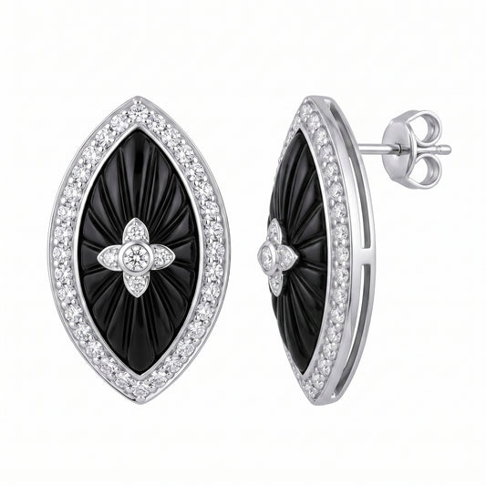 18k white gold 9x18mm carved marquise onyx and forty round diamond post and clip earrings, angled view, white background