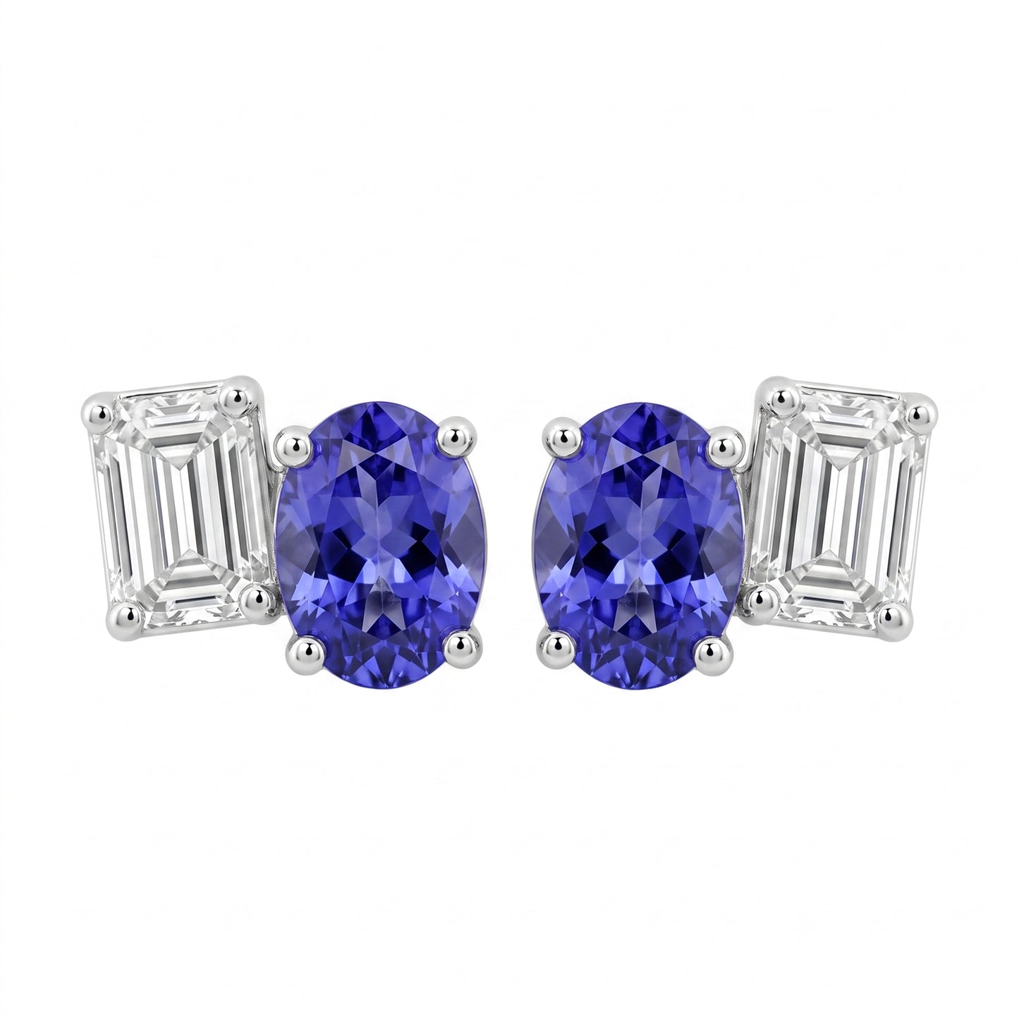 Oval Tanzanite, 10 Tapered & 8 Round Diamond Post Earrings - white background pair view