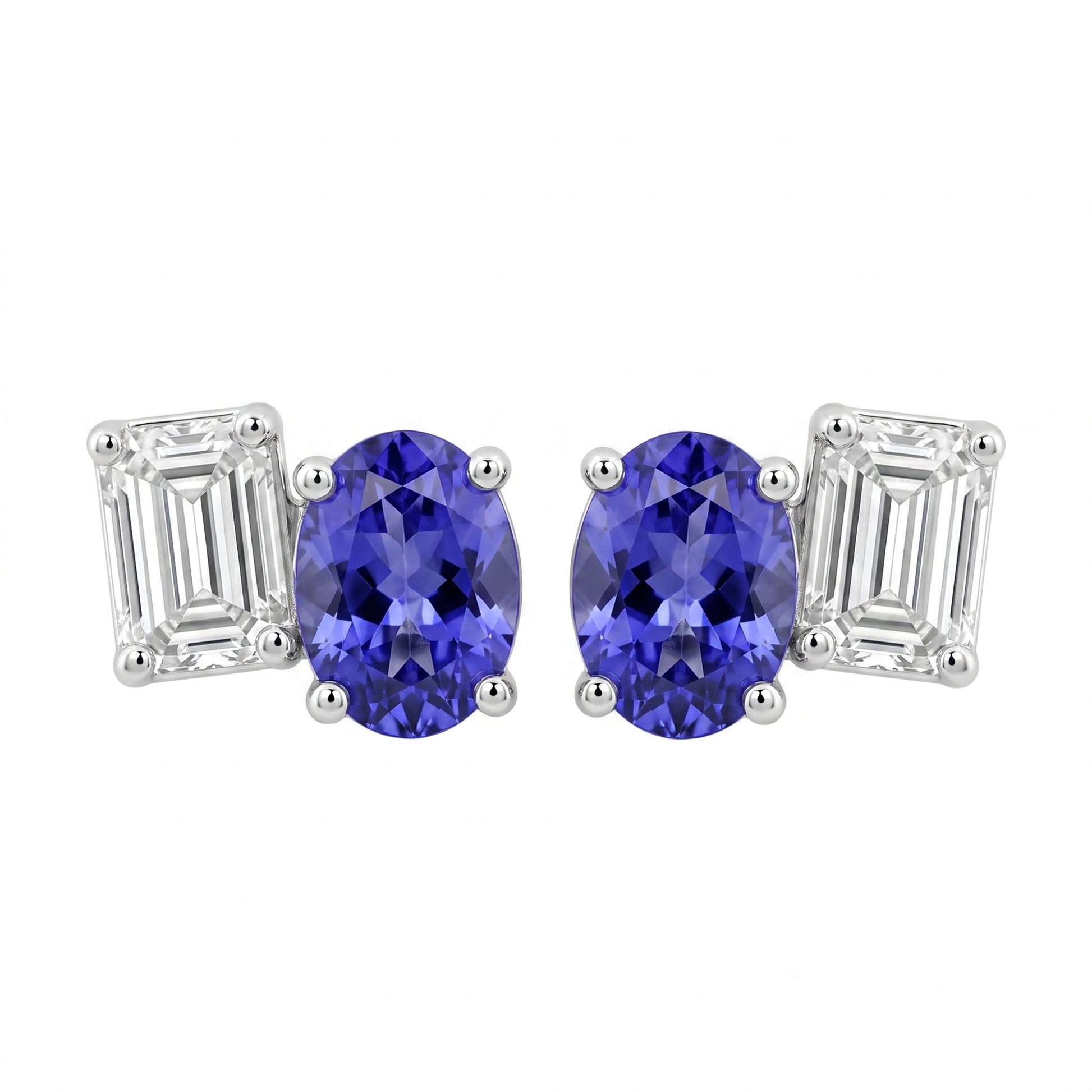 Oval Tanzanite, 10 Tapered & 8 Round Diamond Post Earrings - white background pair view