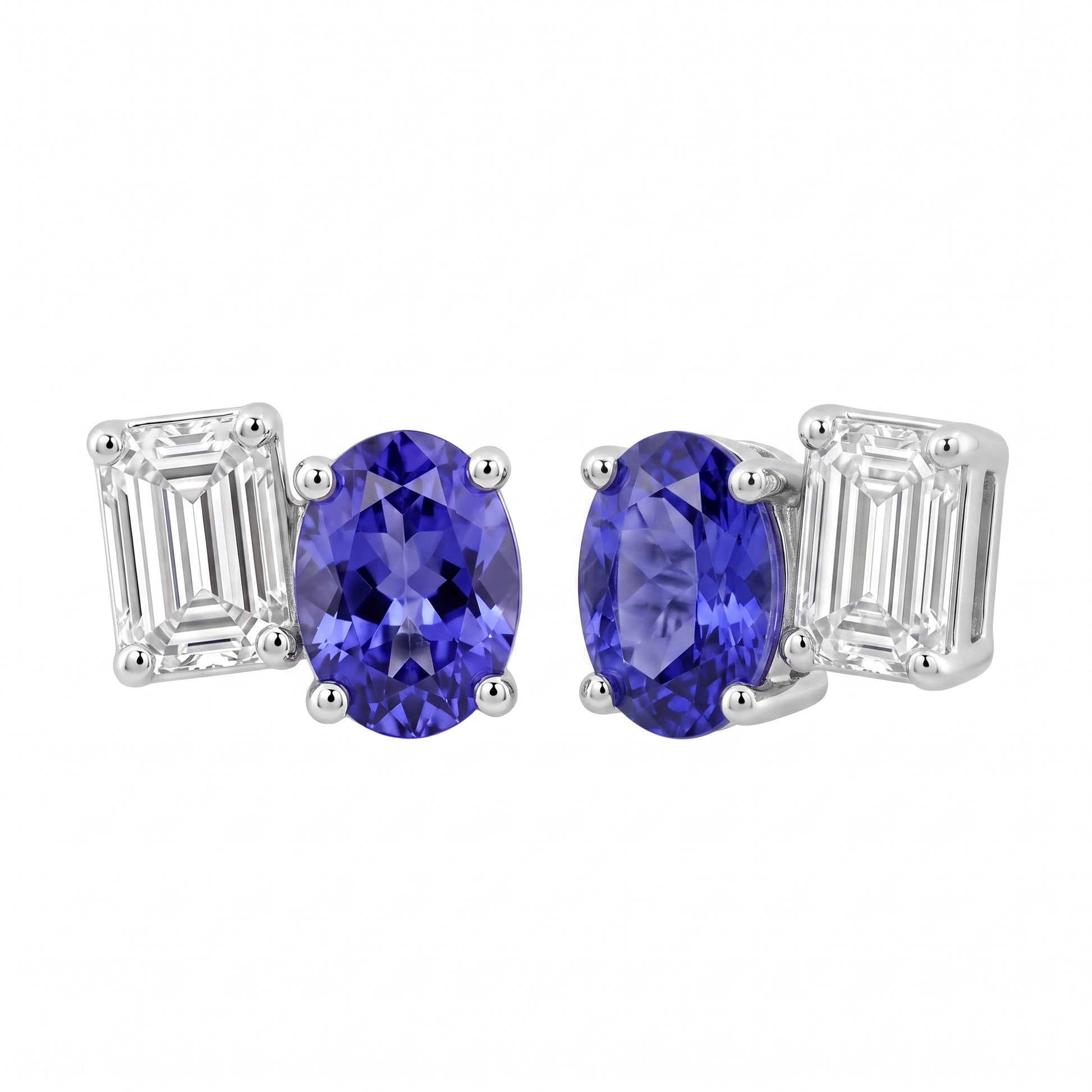 Oval Tanzanite, 10 Tapered & 8 Round Diamond Post Earrings - 3D turn view