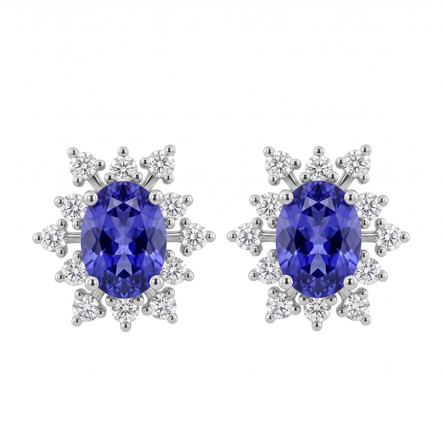 2 Oval 5x7mm Tanzanite & 24-Diamond Earrings - 14K white gold oval tanzanite starburst halo stud earrings, front view