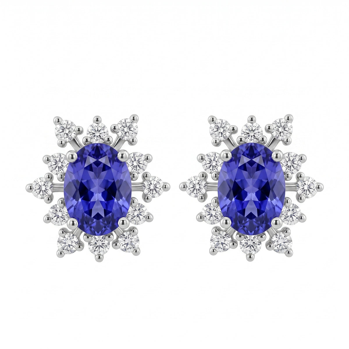 2 Oval 5x7mm Tanzanite & 24-Diamond Earrings - 14K white gold oval tanzanite starburst halo stud earrings, front view