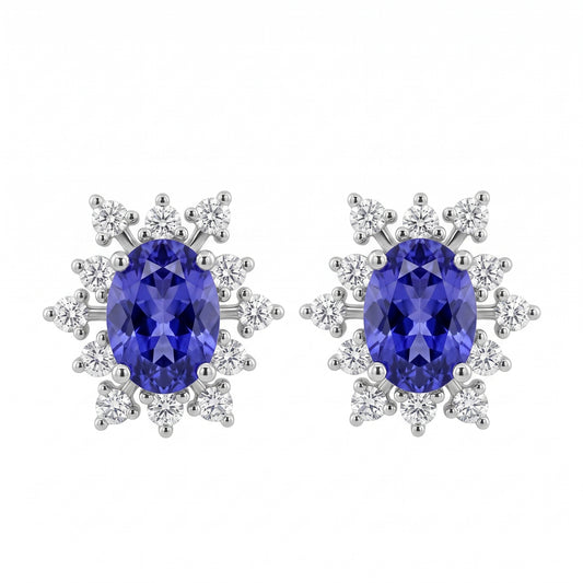 2 Oval 5x7mm Tanzanite & 24-Diamond Earrings - 14K white gold oval tanzanite starburst halo stud earrings, front view