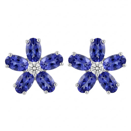 18k white gold ten oval 3x5mm tanzanite and two round diamond flower post earrings, white background