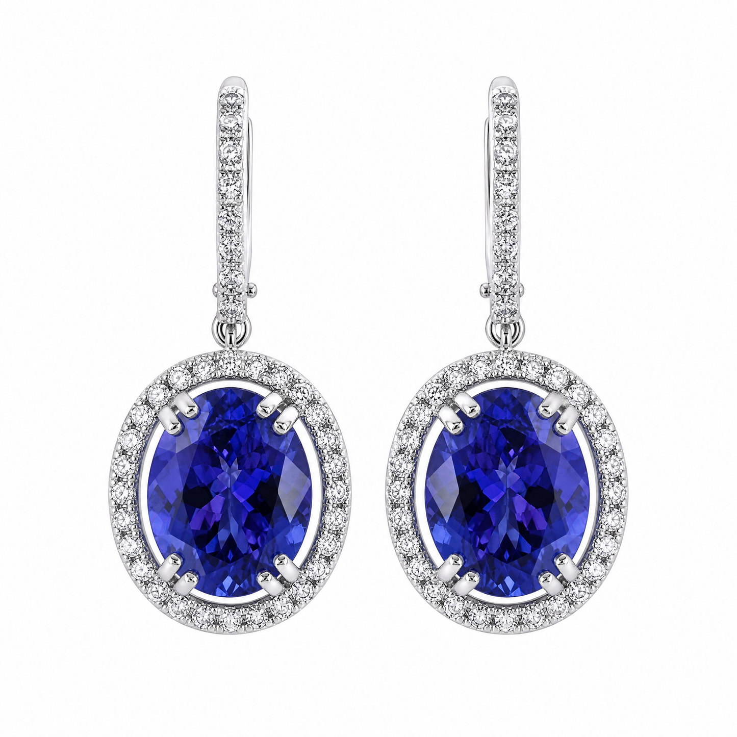 ZETE0582W W-1 frontal pair - oval tanzanite and diamond halo drop earrings on pave hoops, 18K white gold