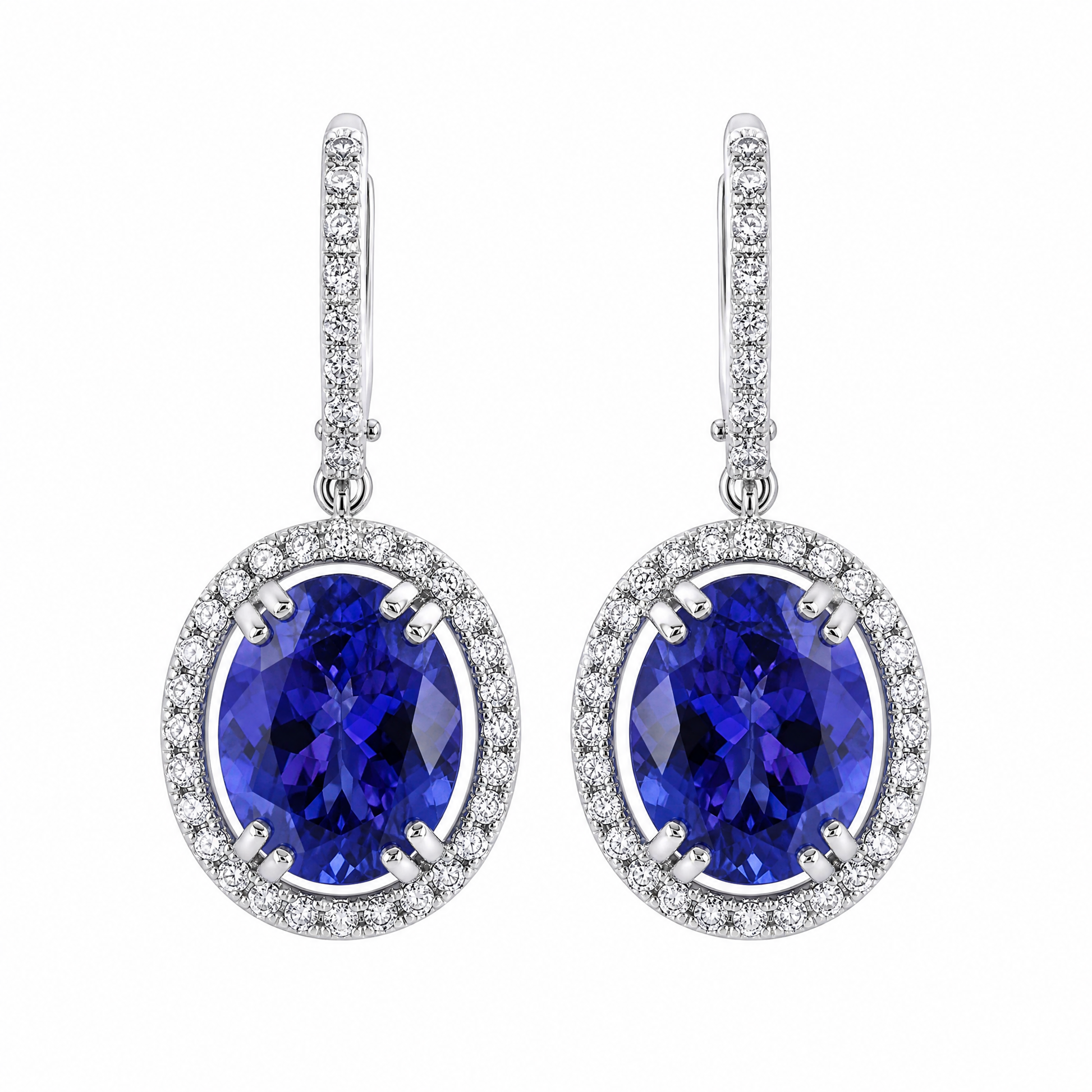 ZETE0582W W-1 frontal pair - oval tanzanite and diamond halo drop earrings on pave hoops, 18K white gold