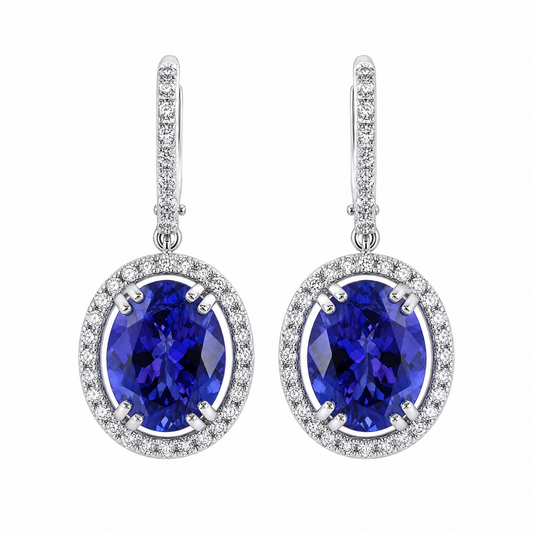 ZETE0582W W-1 frontal pair - oval tanzanite and diamond halo drop earrings on pave hoops, 18K white gold