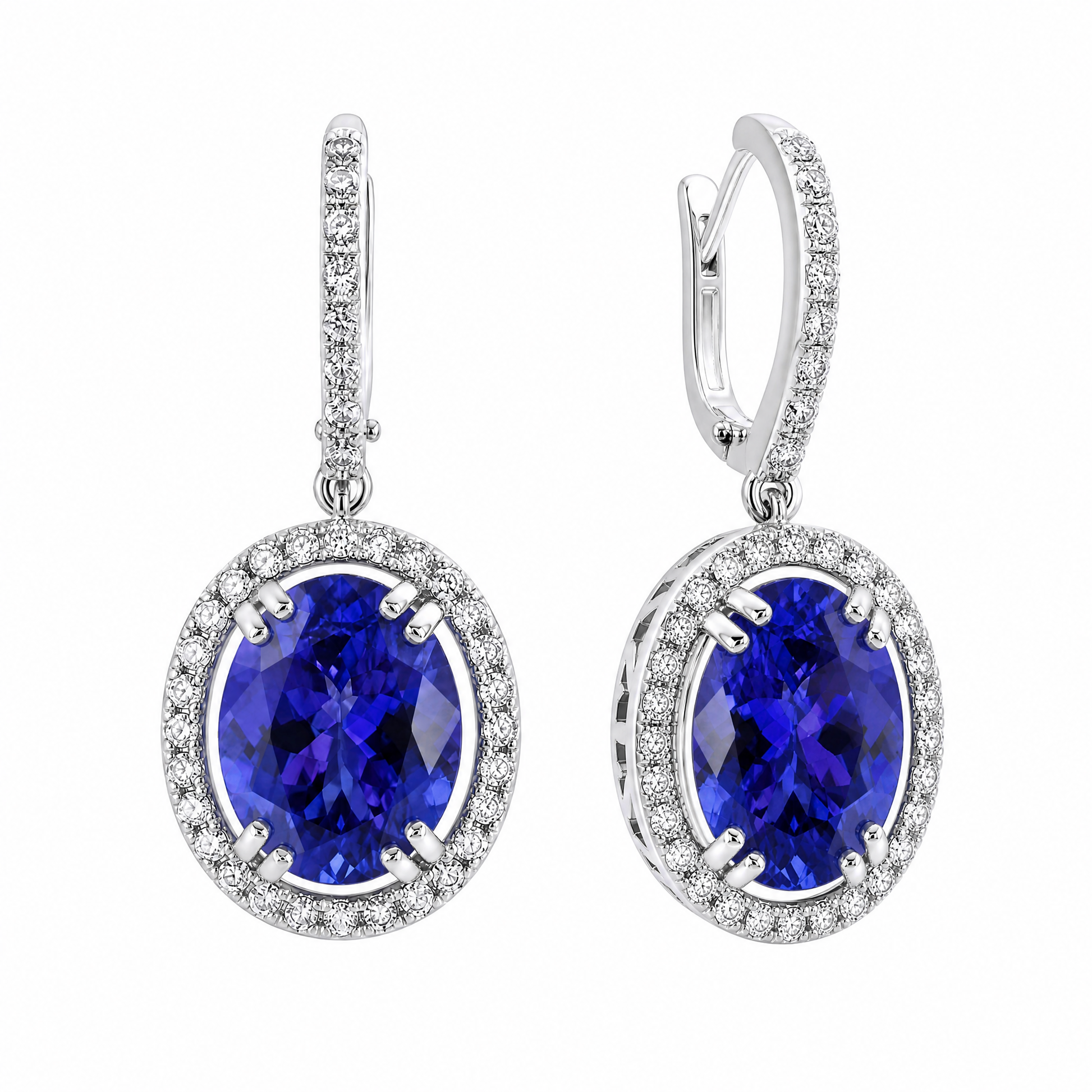 ZETE0582W W-2 front and turned view showing the hoop fitting - oval tanzanite and diamond halo drop earrings, 18K white gold