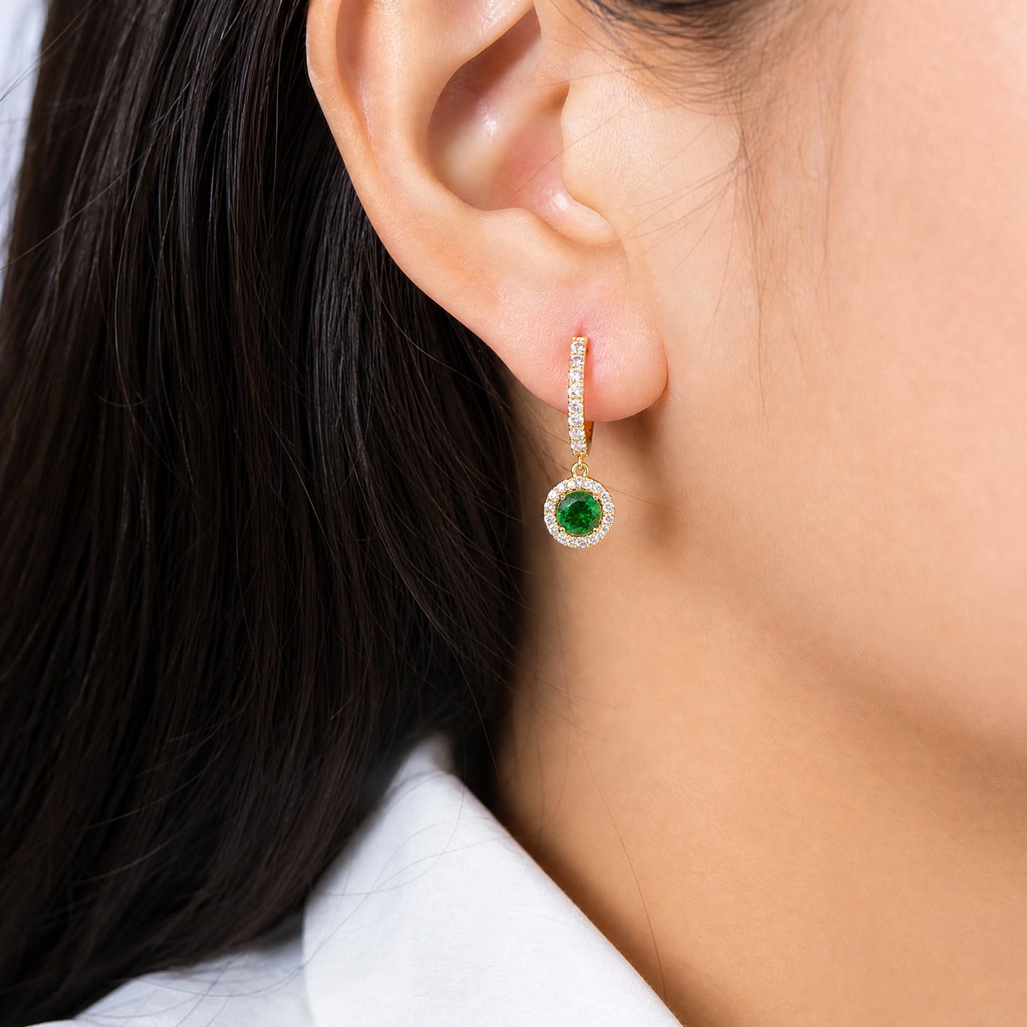 18K White Gold Green Tourmaline Diamond Halo Dangle Hoop Earrings - Model Macro