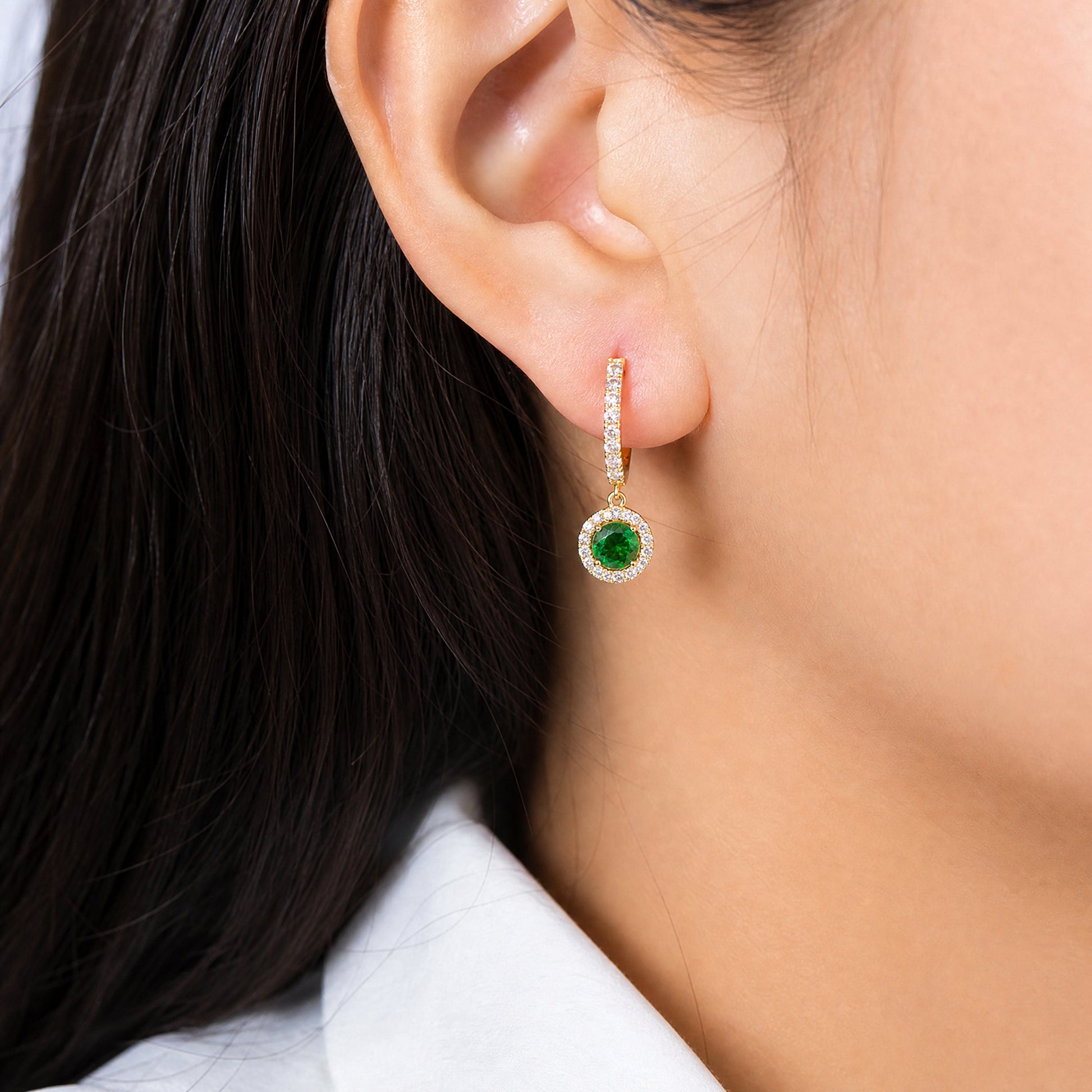 18K White Gold Green Tourmaline Diamond Halo Dangle Hoop Earrings - Model Macro