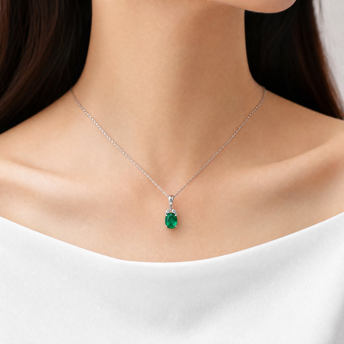 2.58ct Oval Emerald & Diamond Pendant in 14K White Gold