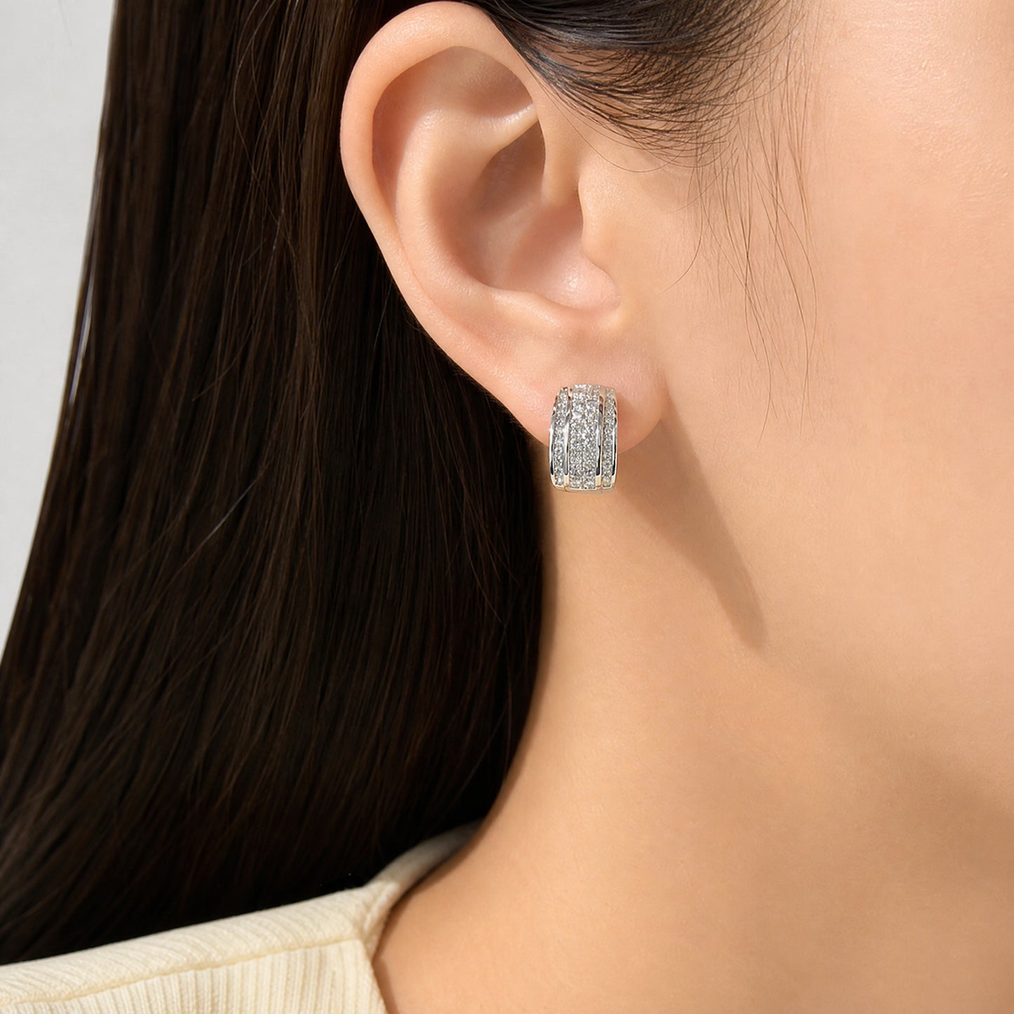 2.66ct Princess & Round Diamond Three-Row Huggie Earrings in 18K White Gold