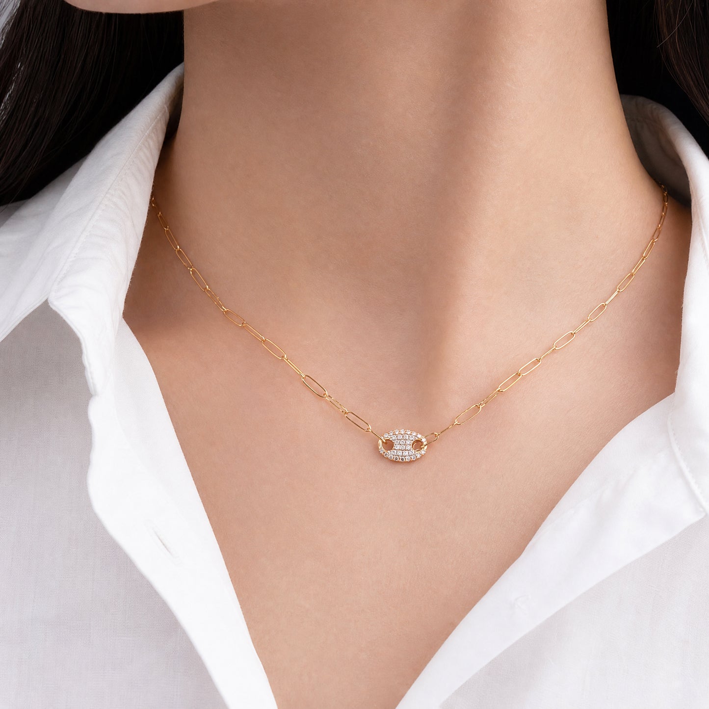 18K Yellow Gold 32-Diamond Pavé Chain Necklace, 15.5"