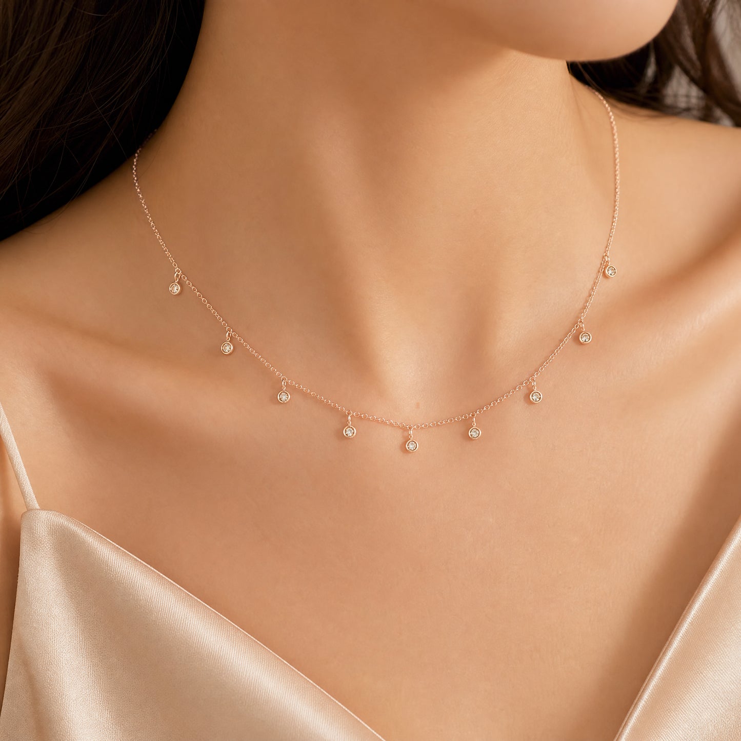 14K Yellow Gold 9-Diamond Dangle Chain Necklace, 16-18"