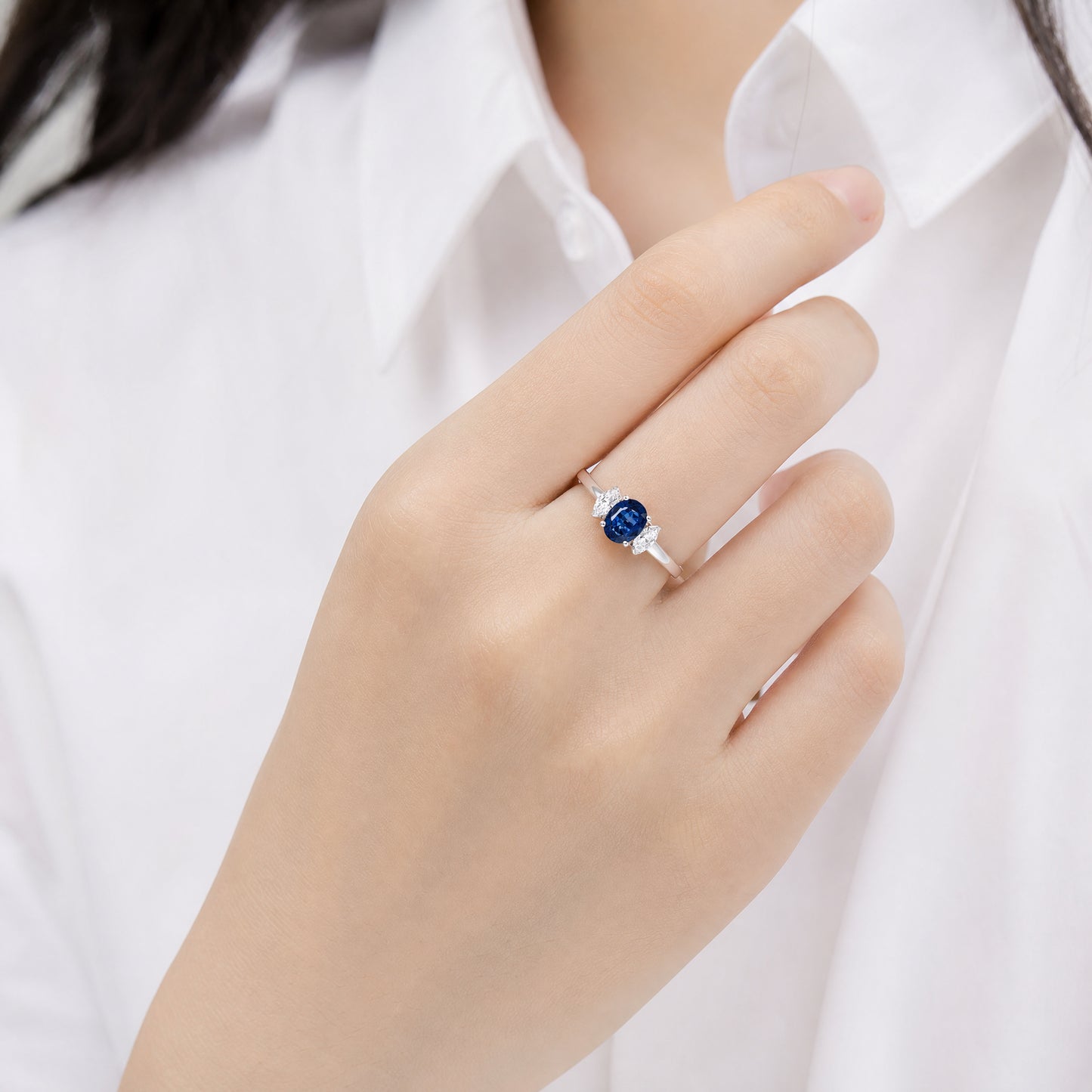 18K White Gold Oval Sapphire & Marquise Diamond Three-Stone Ring