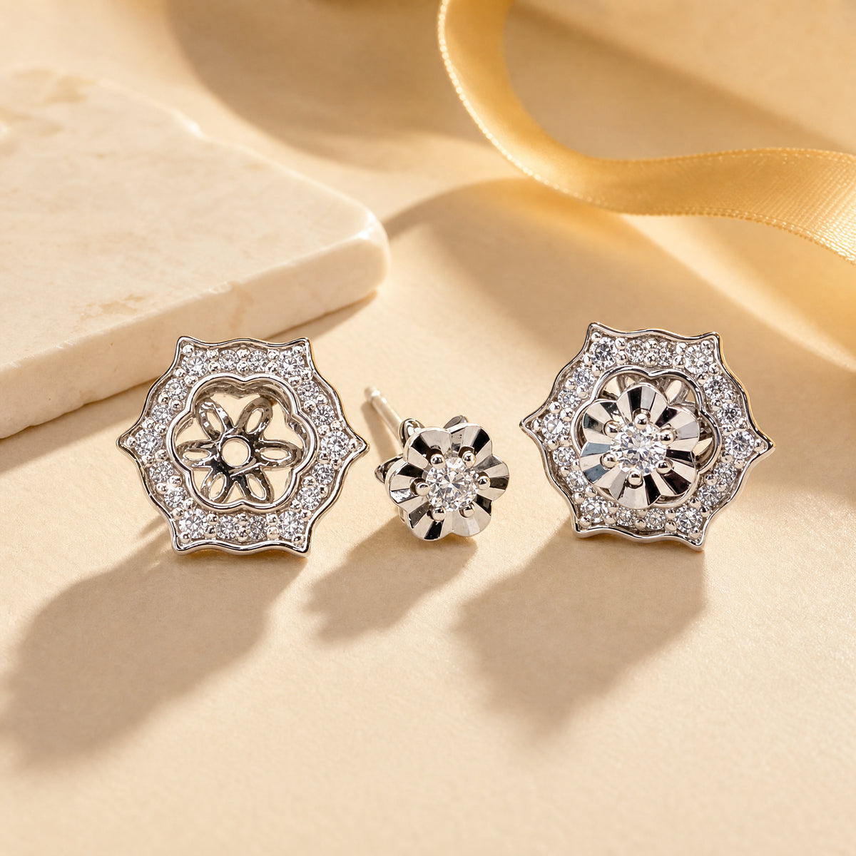 18K White Gold Diamond Post Earrings with Jacket - Scene