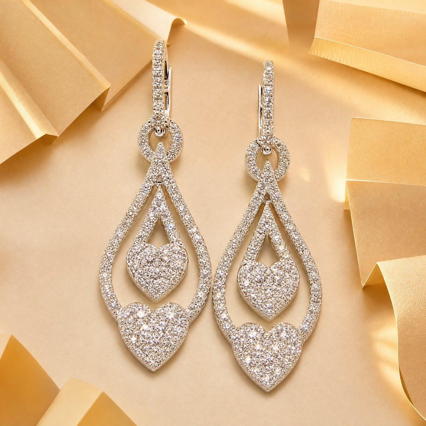 18K White Gold Heart Dangle Hoop Earrings