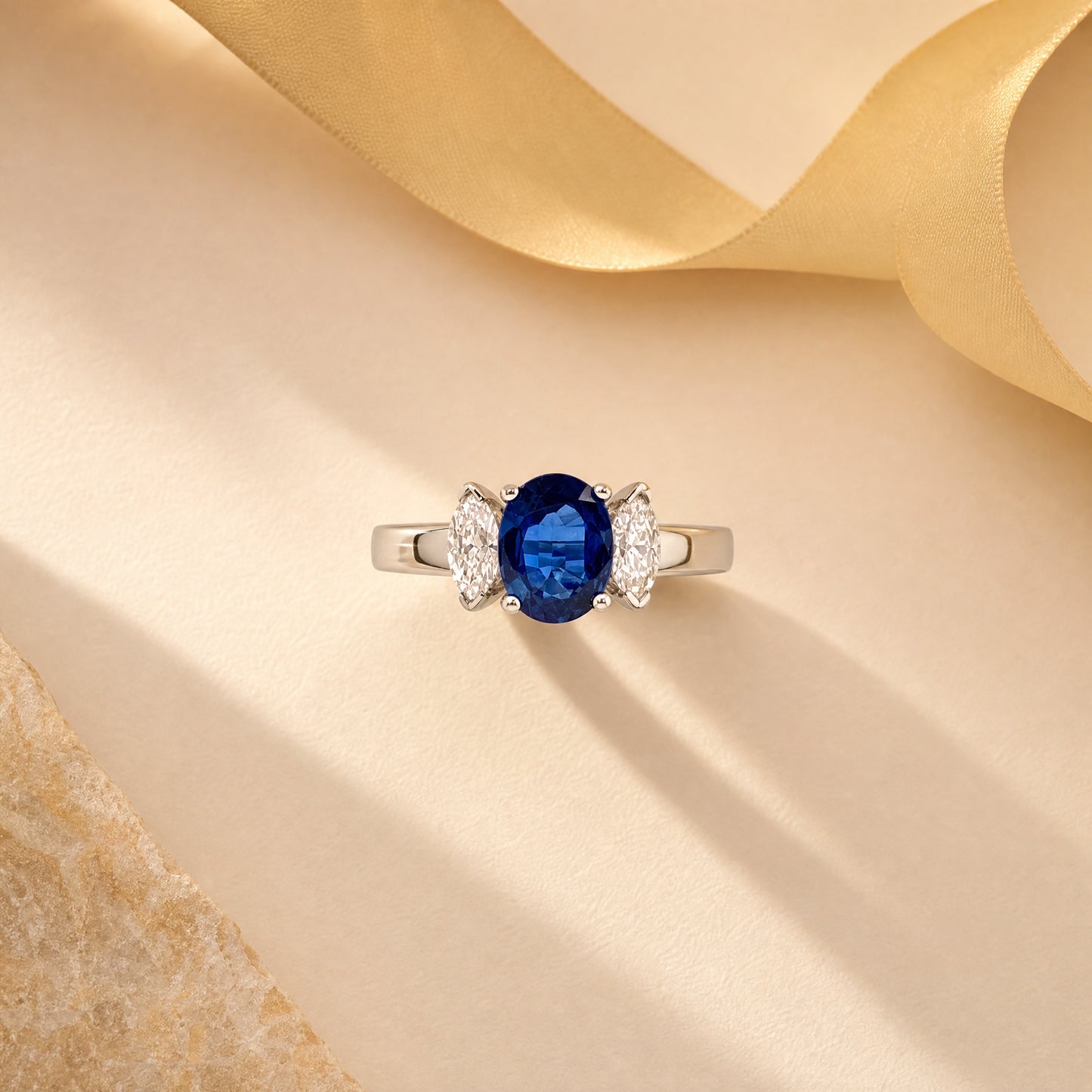 18K White Gold Oval Sapphire & Marquise Diamond Three-Stone Ring