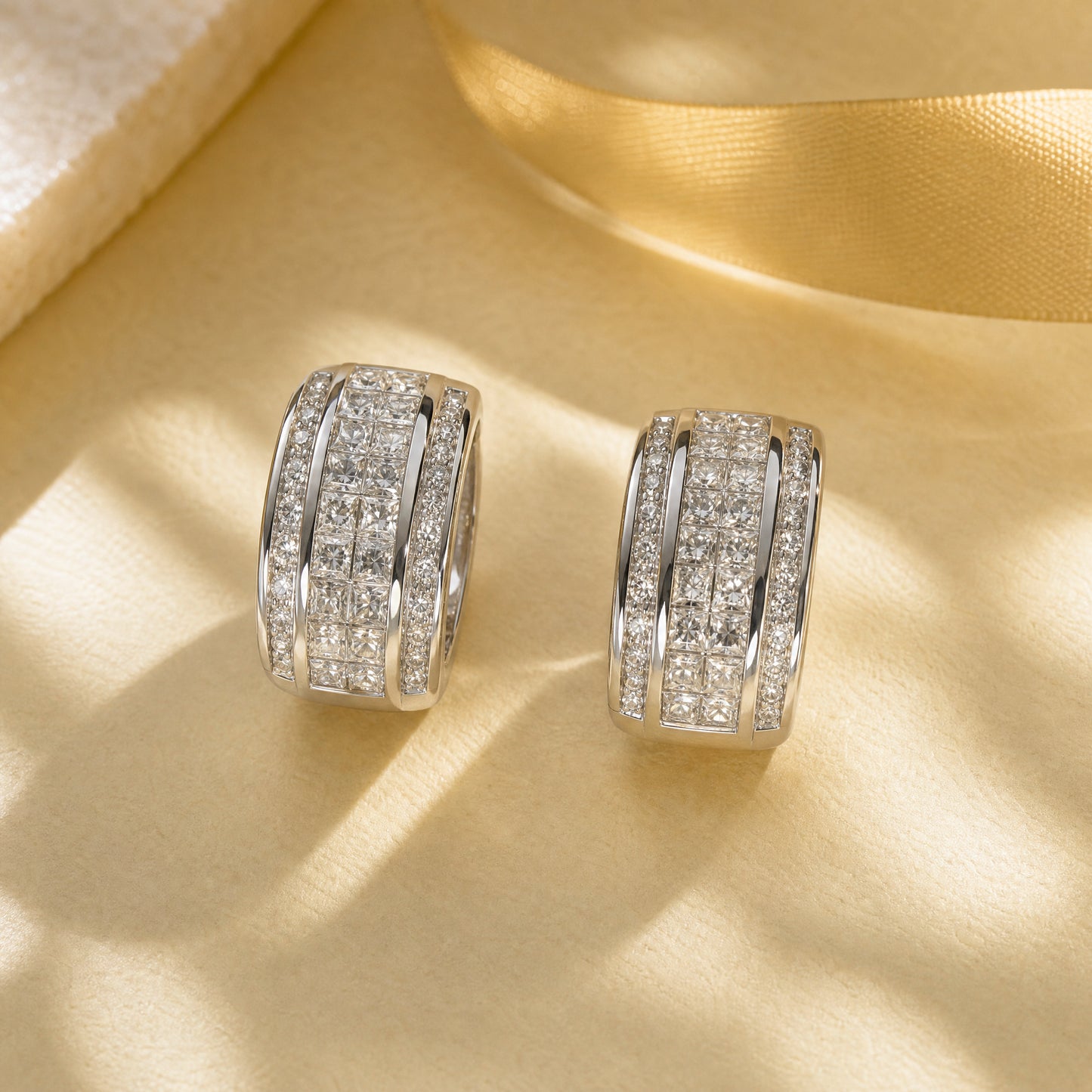 2.66ct Princess & Round Diamond Three-Row Huggie Earrings in 18K White Gold