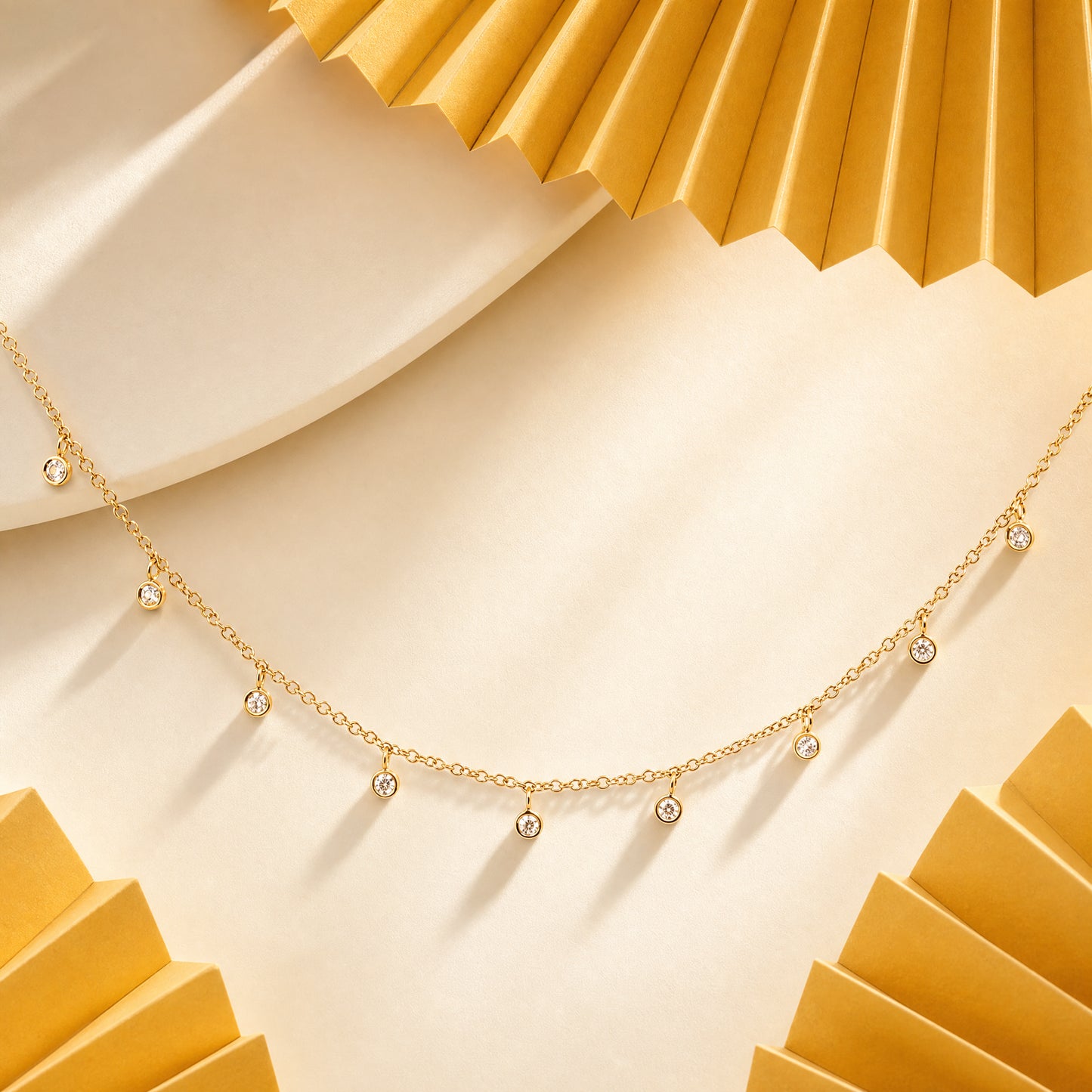 14K Yellow Gold 9-Diamond Dangle Chain Necklace, 16-18"