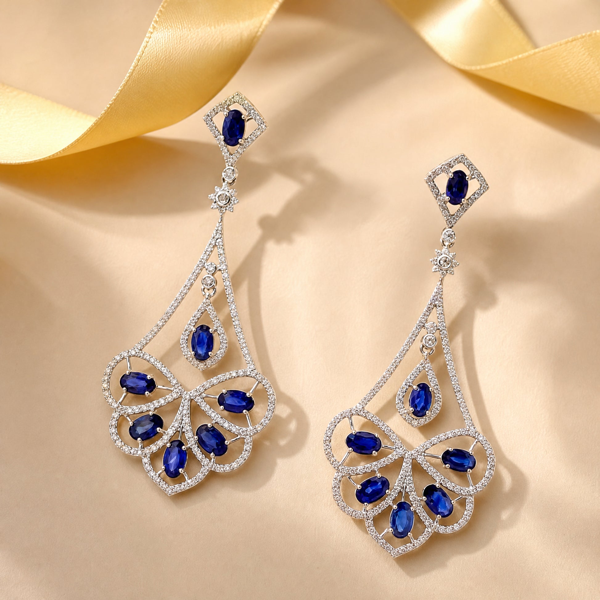 18K White Gold Blue Sapphire Diamond Art Deco Fan Chandelier Earrings - Scene
