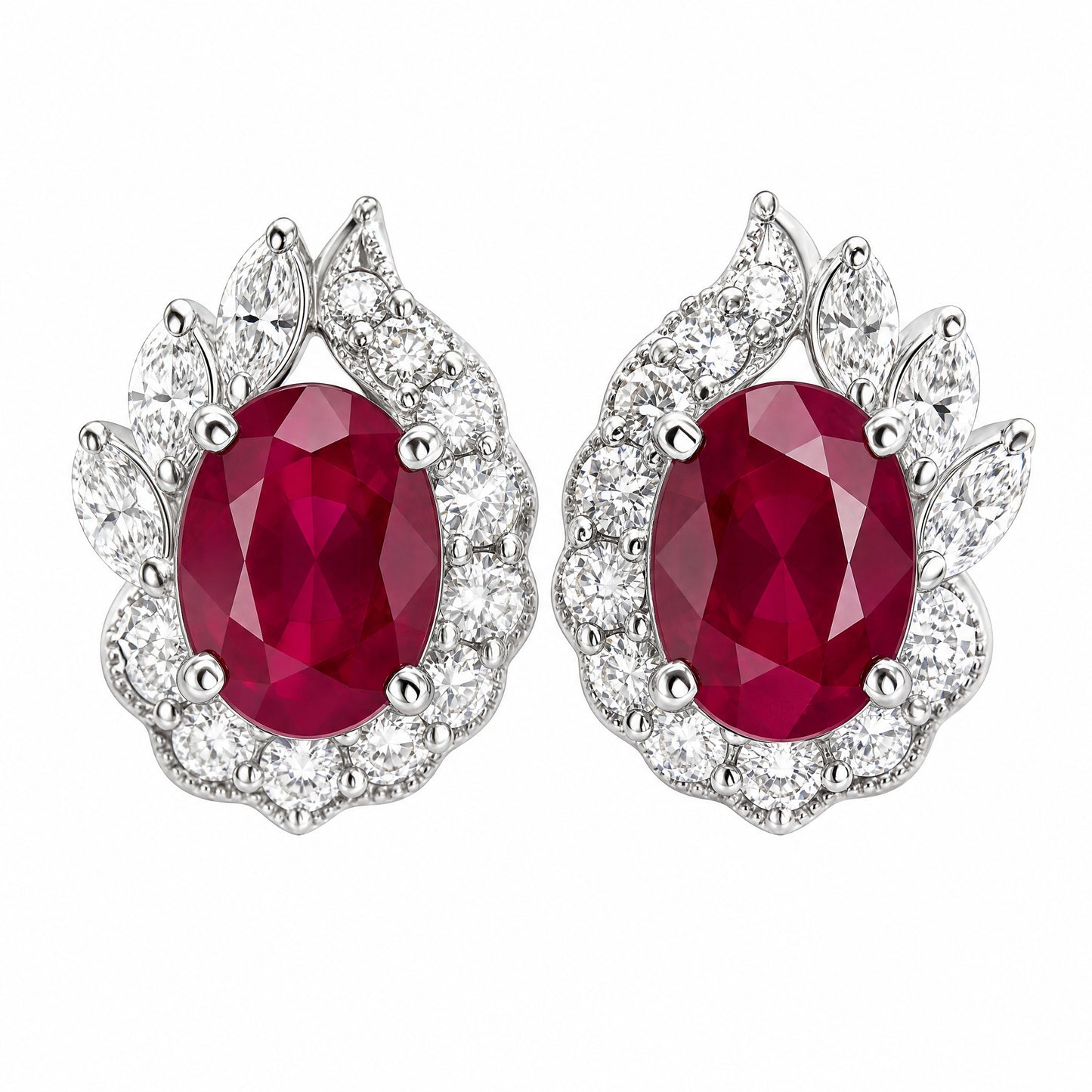 18K White Gold Oval Ruby Flame Halo Diamond Earrings