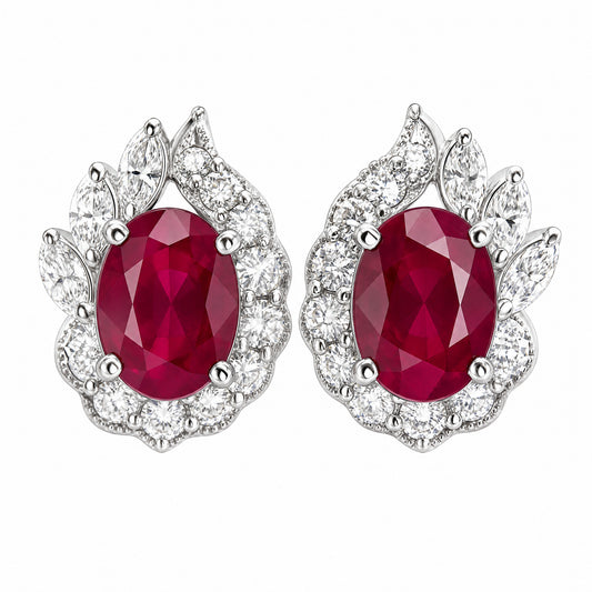 18K White Gold Oval Ruby Flame Halo Diamond Earrings
