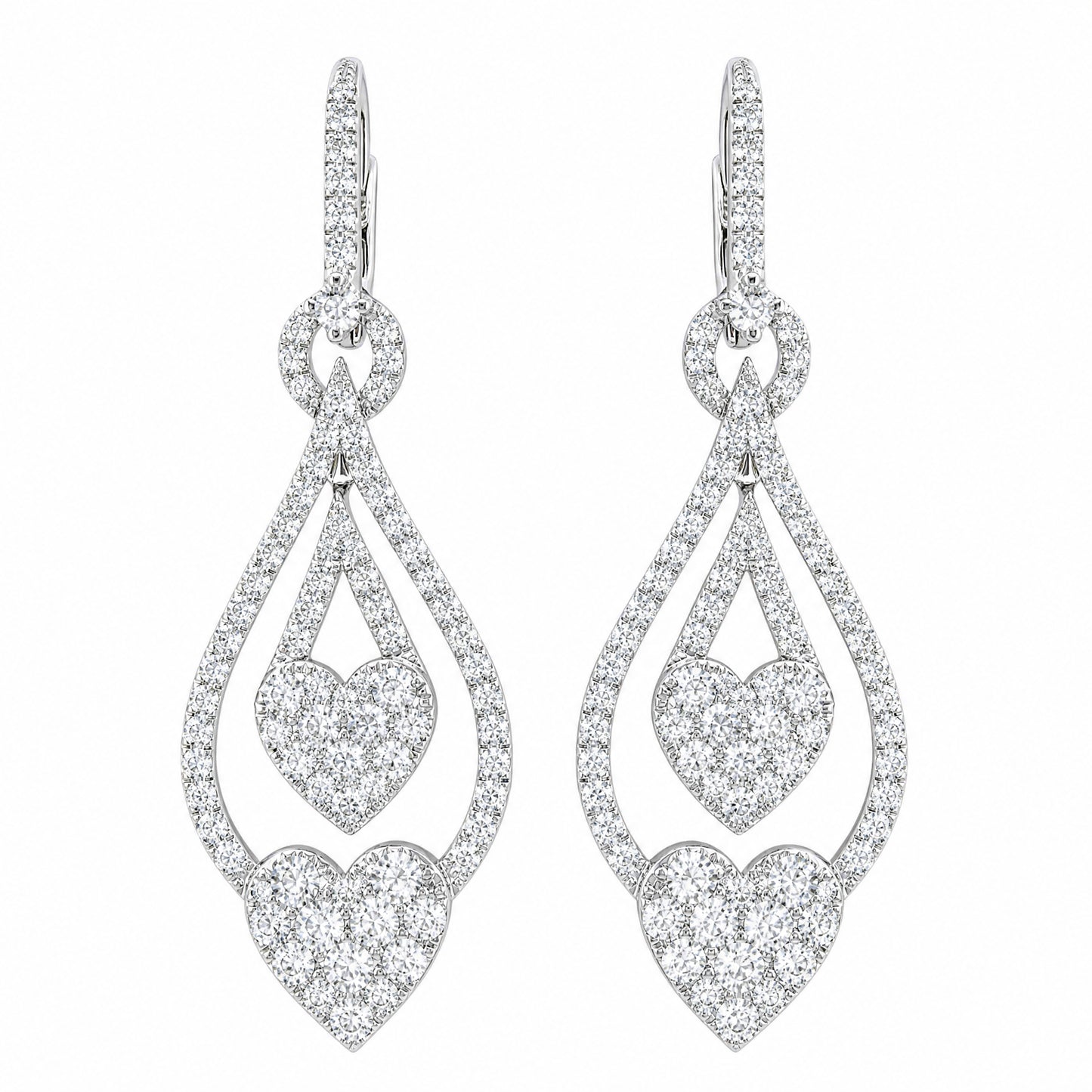 18K White Gold Heart Dangle Hoop Earrings