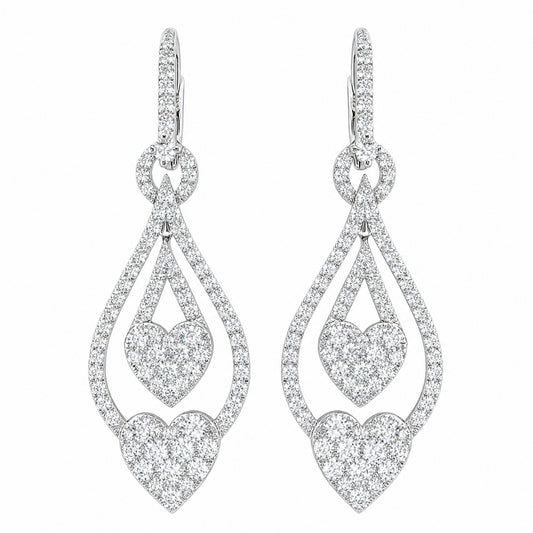 18K White Gold Heart Dangle Hoop Earrings