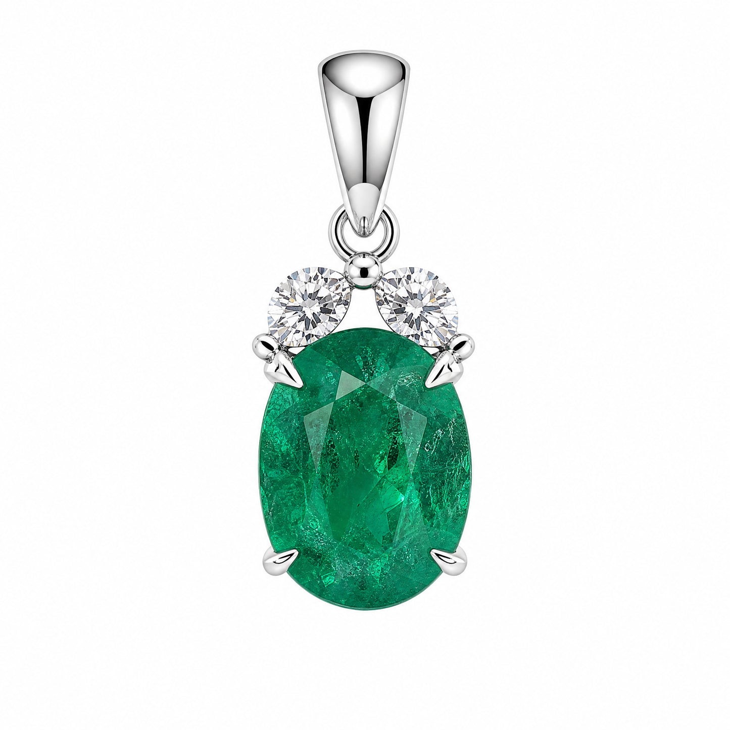 2.58ct Oval Emerald & Diamond Pendant in 14K White Gold
