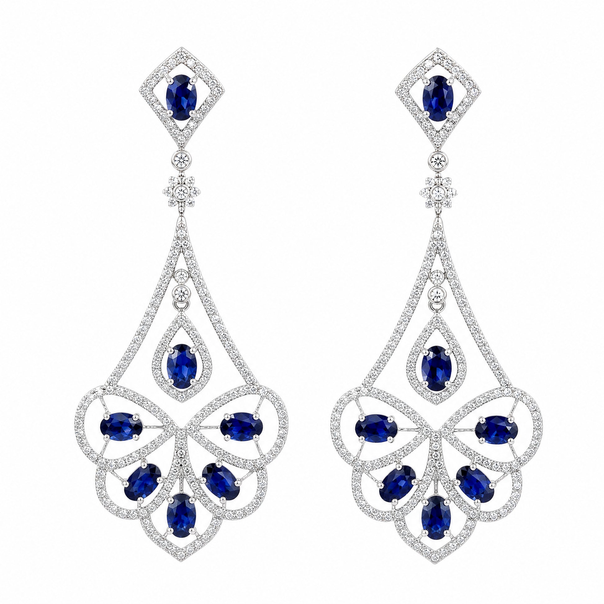 18K White Gold Blue Sapphire Diamond Art Deco Fan Chandelier Earrings - Front View