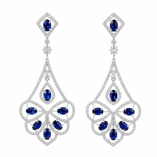 18K White Gold Blue Sapphire Diamond Art Deco Fan Chandelier Earrings - Front View