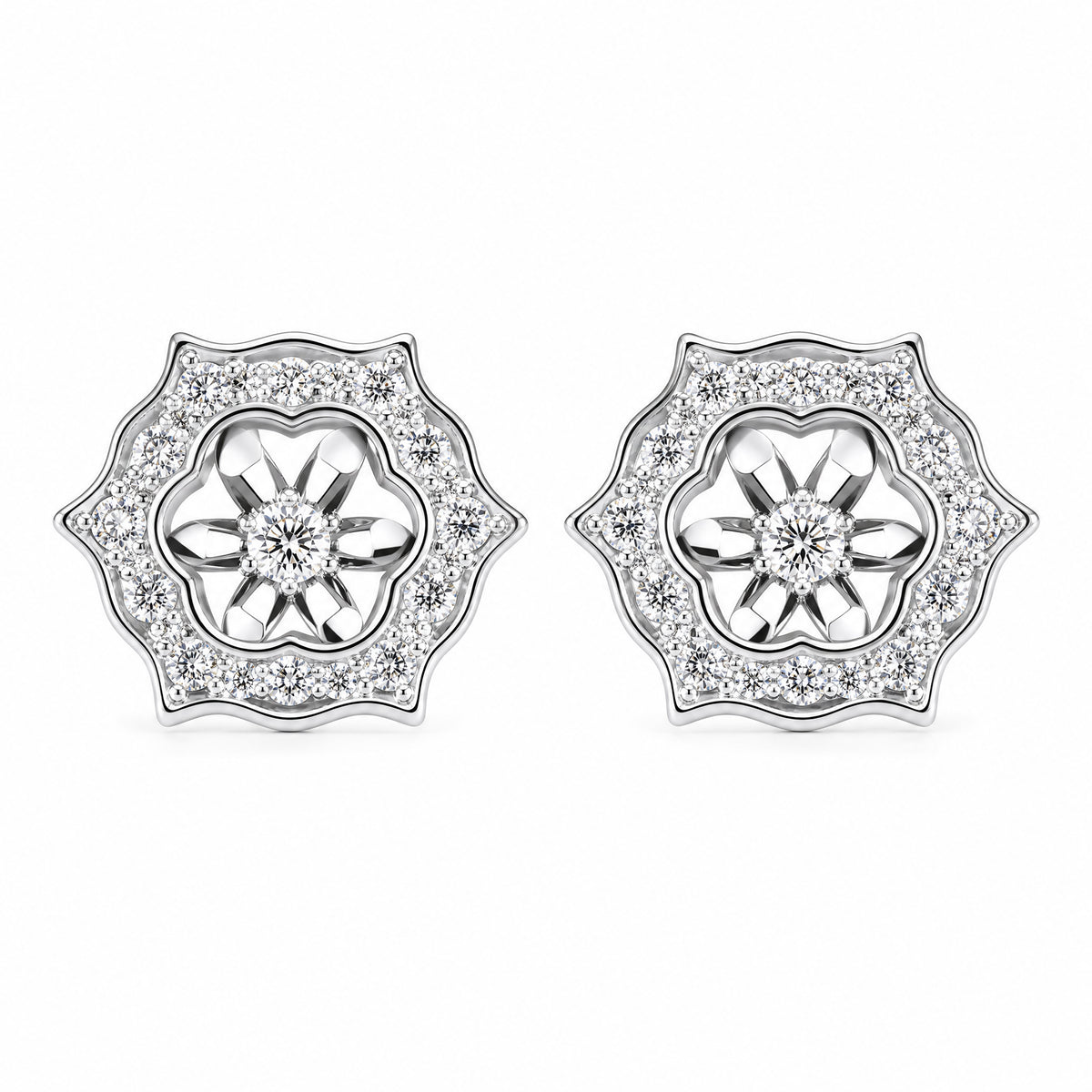 18K White Gold Diamond Post Earrings with Jacket - Front View
