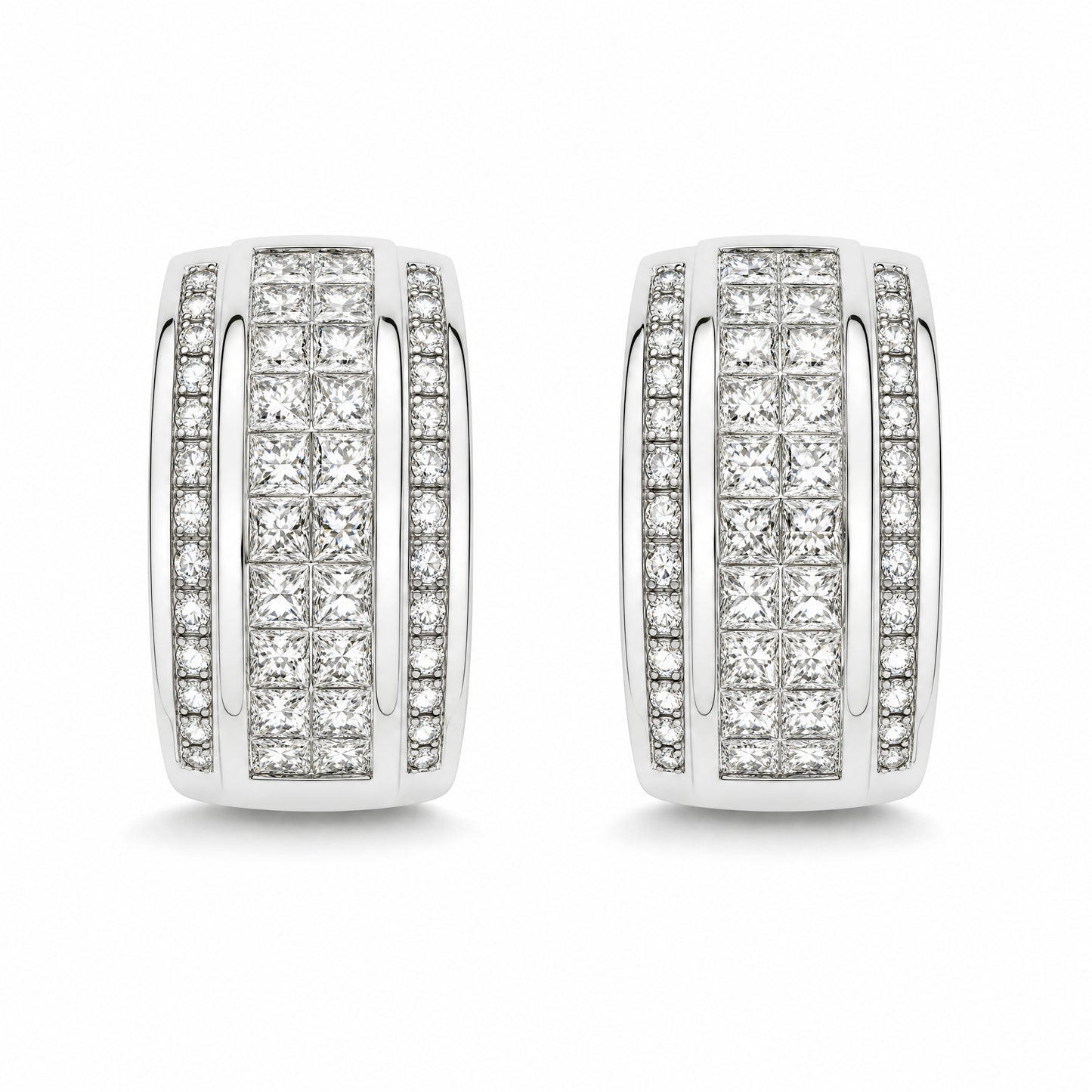 2.66ct Princess & Round Diamond Three-Row Huggie Earrings in 18K White Gold