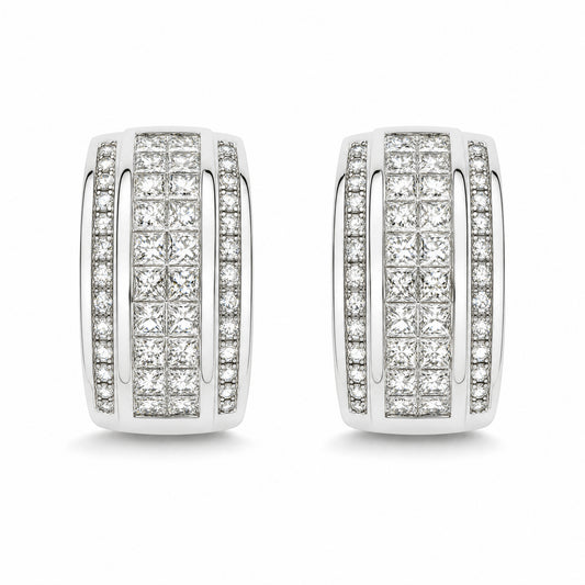 2.66ct Princess & Round Diamond Three-Row Huggie Earrings in 18K White Gold