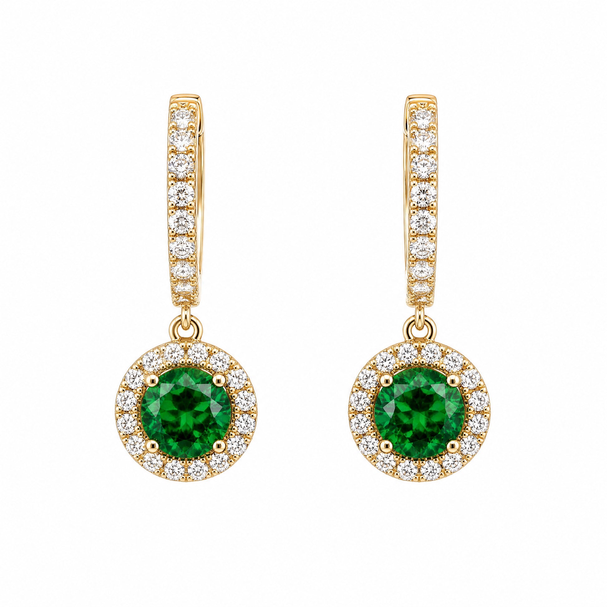 18K White Gold Green Tourmaline Diamond Halo Dangle Hoop Earrings - Front View