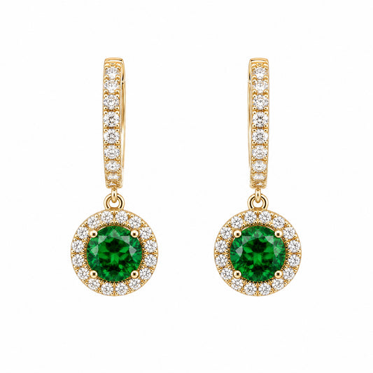 18K White Gold Green Tourmaline Diamond Halo Dangle Hoop Earrings - Front View