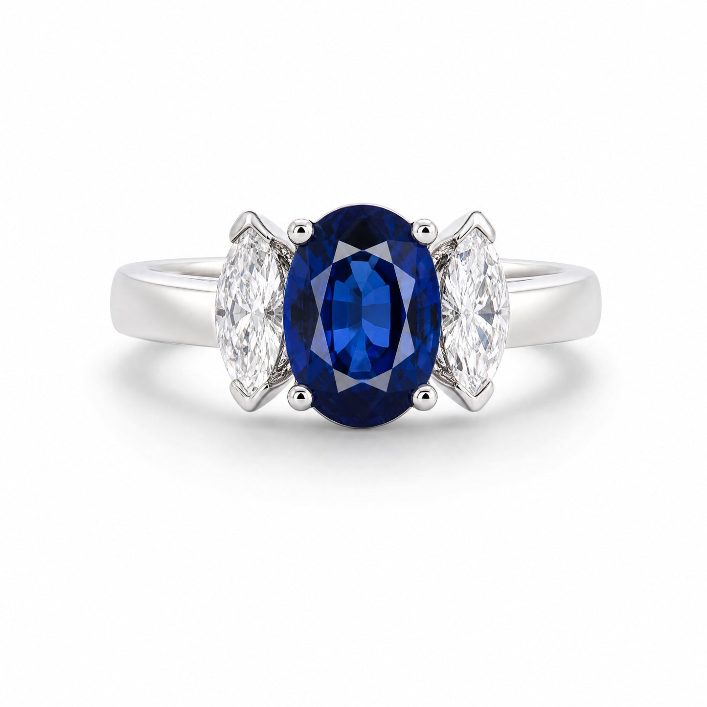 18K White Gold Oval Sapphire & Marquise Diamond Three-Stone Ring