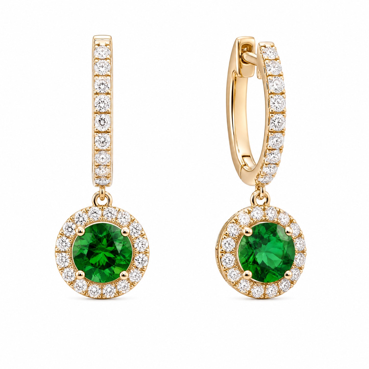 18K White Gold Green Tourmaline Diamond Halo Dangle Hoop Earrings - Side Angle