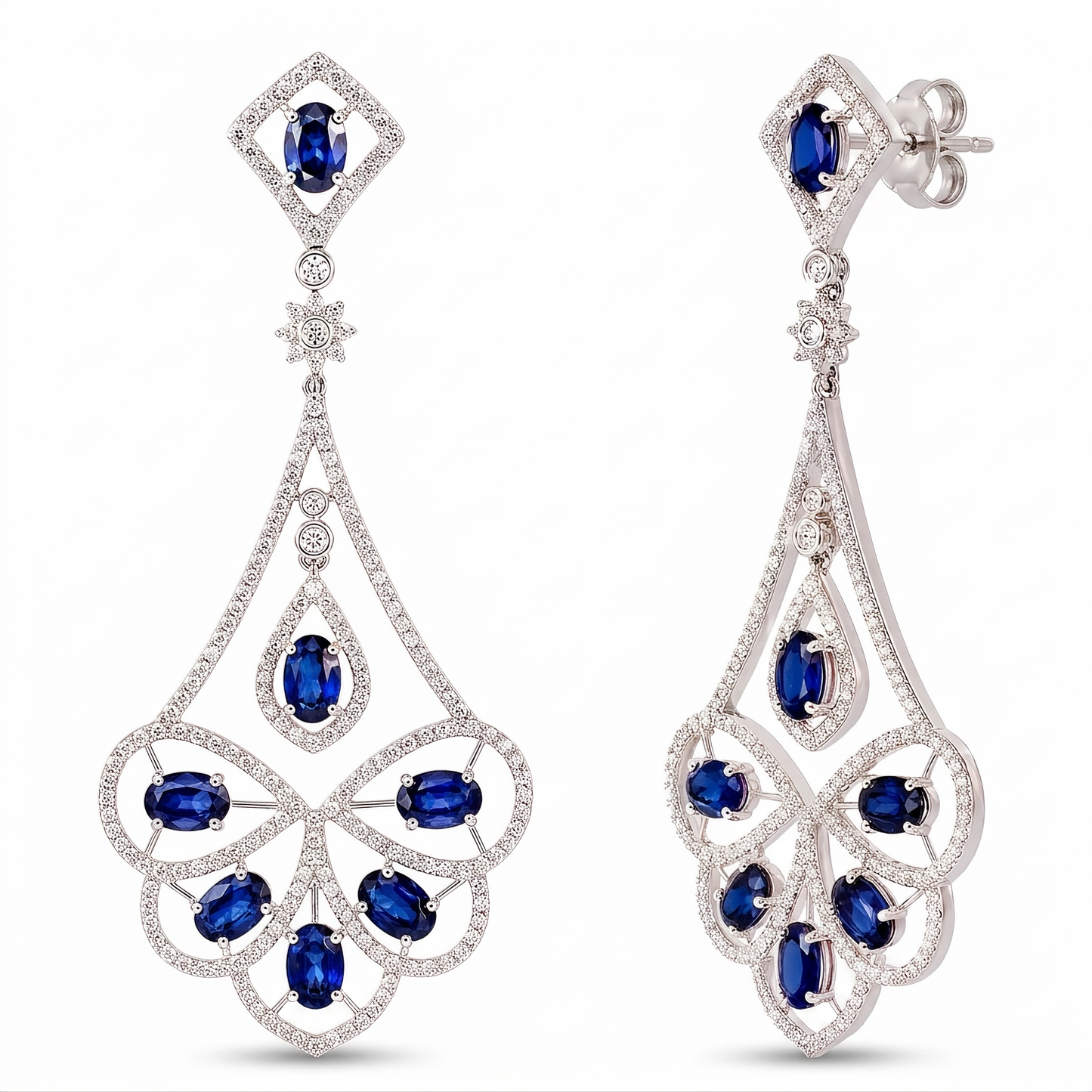 4.42ct Blue Sapphire & 1.50ct Diamond Art Deco Fan Chandelier Earrings