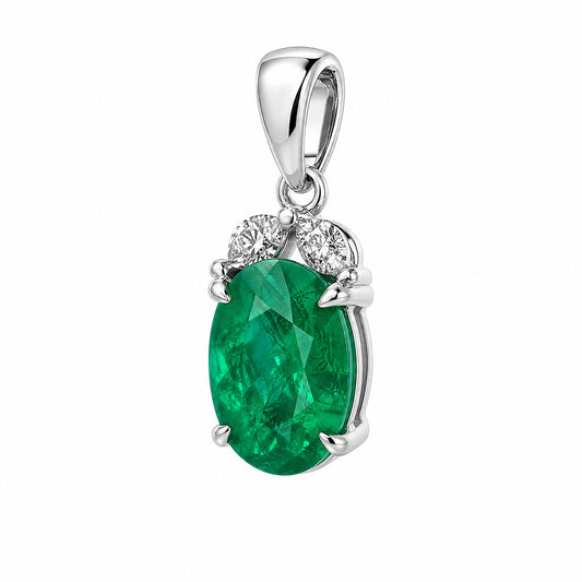 2.58ct Oval Emerald & Diamond Pendant in 14K White Gold